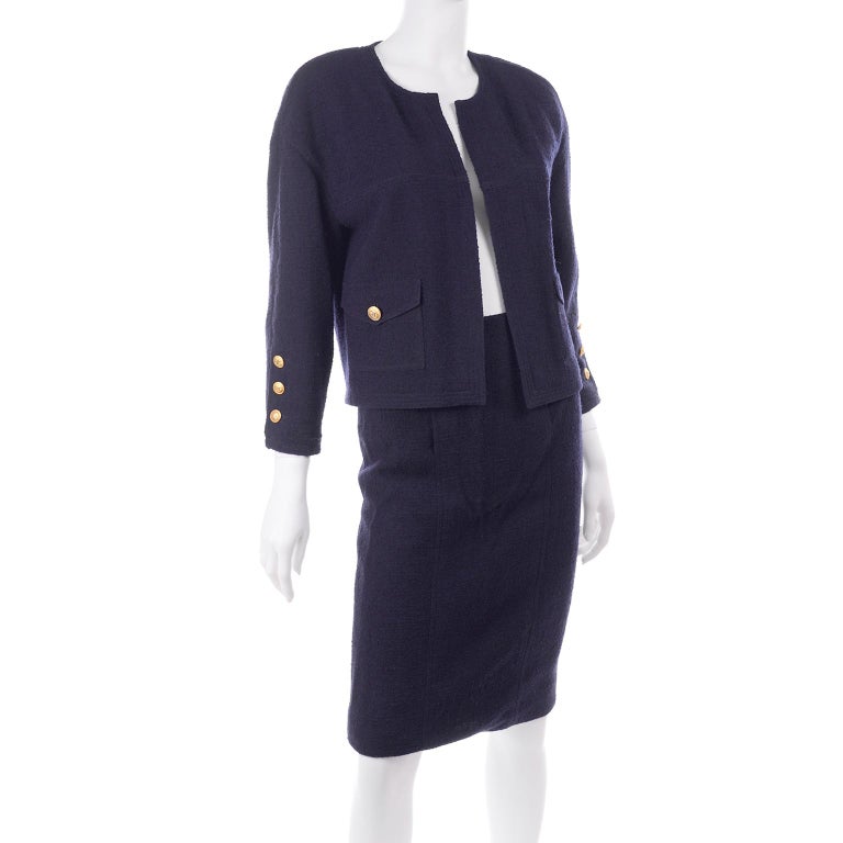 Vintage Chanel Dark Blue Boucle Wool 2 Piece Skirt and Open Front ...
