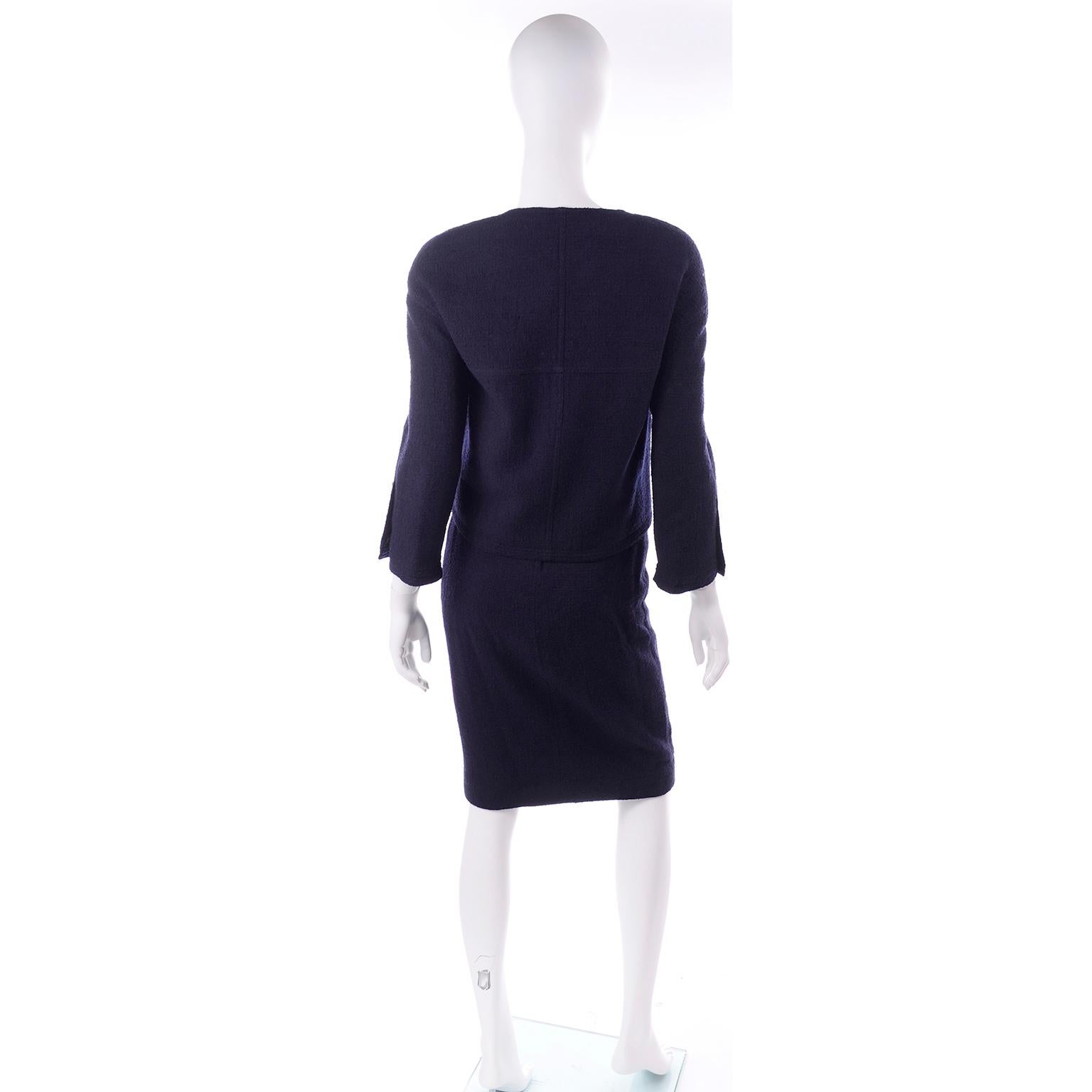 Black Vintage Chanel Dark Blue Boucle Wool 2 Piece Skirt & Open Front Jacket Suit