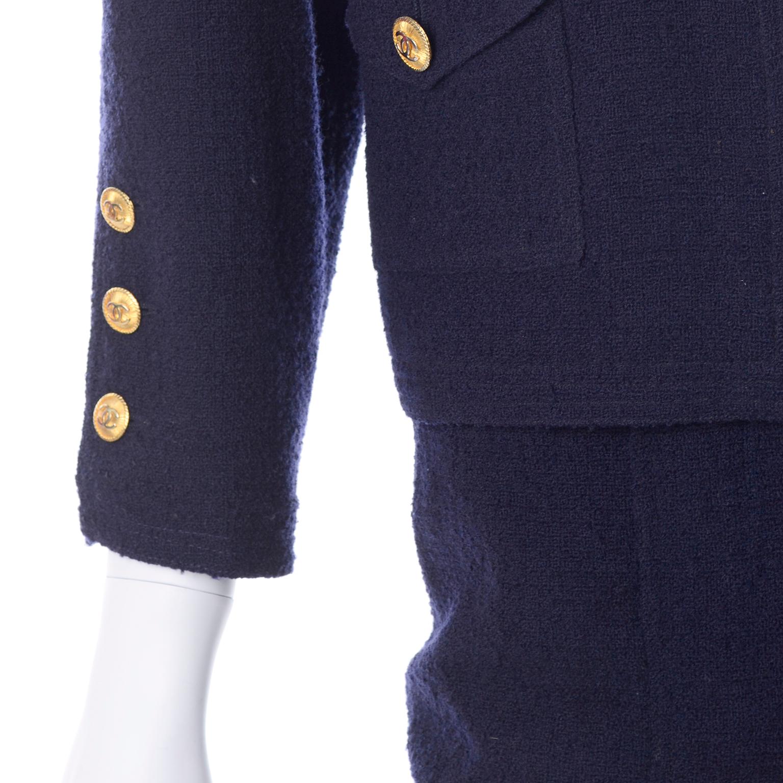 Vintage Chanel Dark Blue Boucle Wool 2 Piece Skirt & Open Front Jacket Suit 2