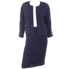 Vintage Chanel Dark Blue Boucle Wool 2 Piece Skirt & Open Front Jacket Suit