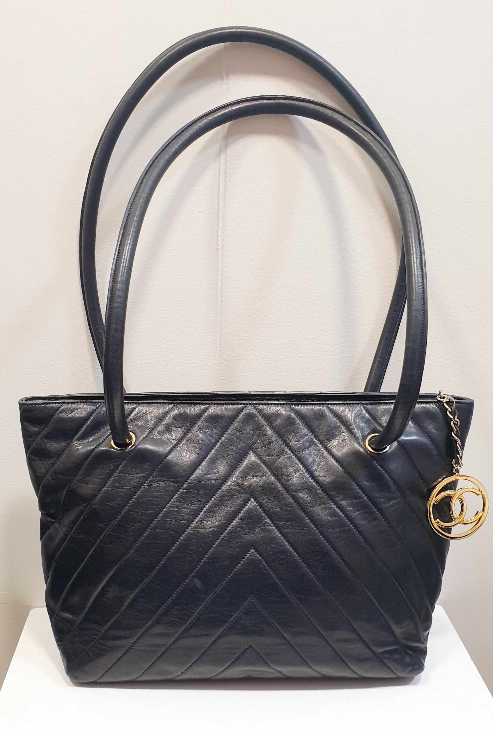 Chanel Dark Blue Leather Chevron Tote Bag                                                                                                                                                                                                                