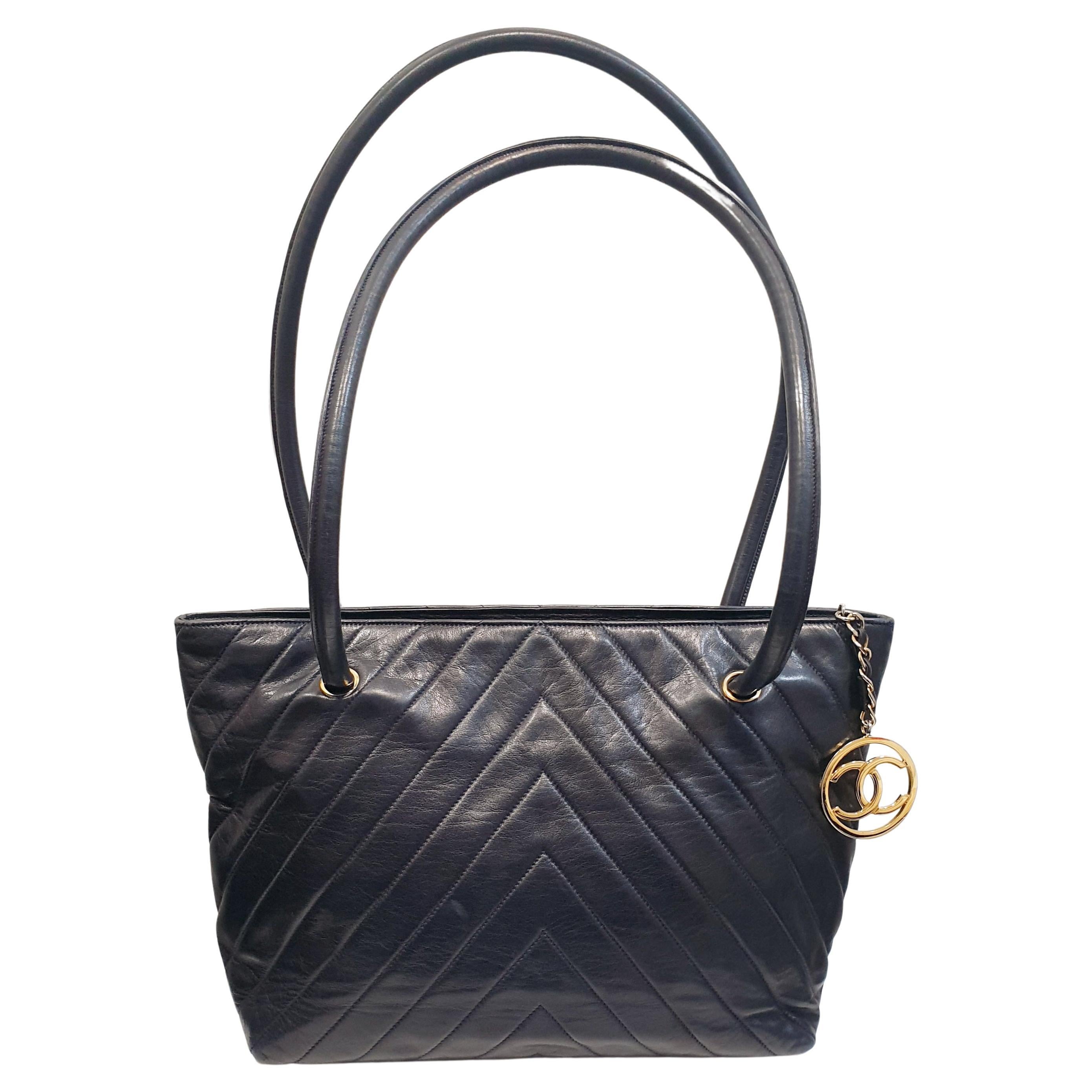 Vintage Chanel Dark Blue Leather Quilted Chevron Large Tote Bag at