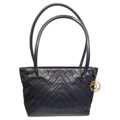 Vintage Chanel Dark Blue Leather Quilted Chevron Large Tote Bag