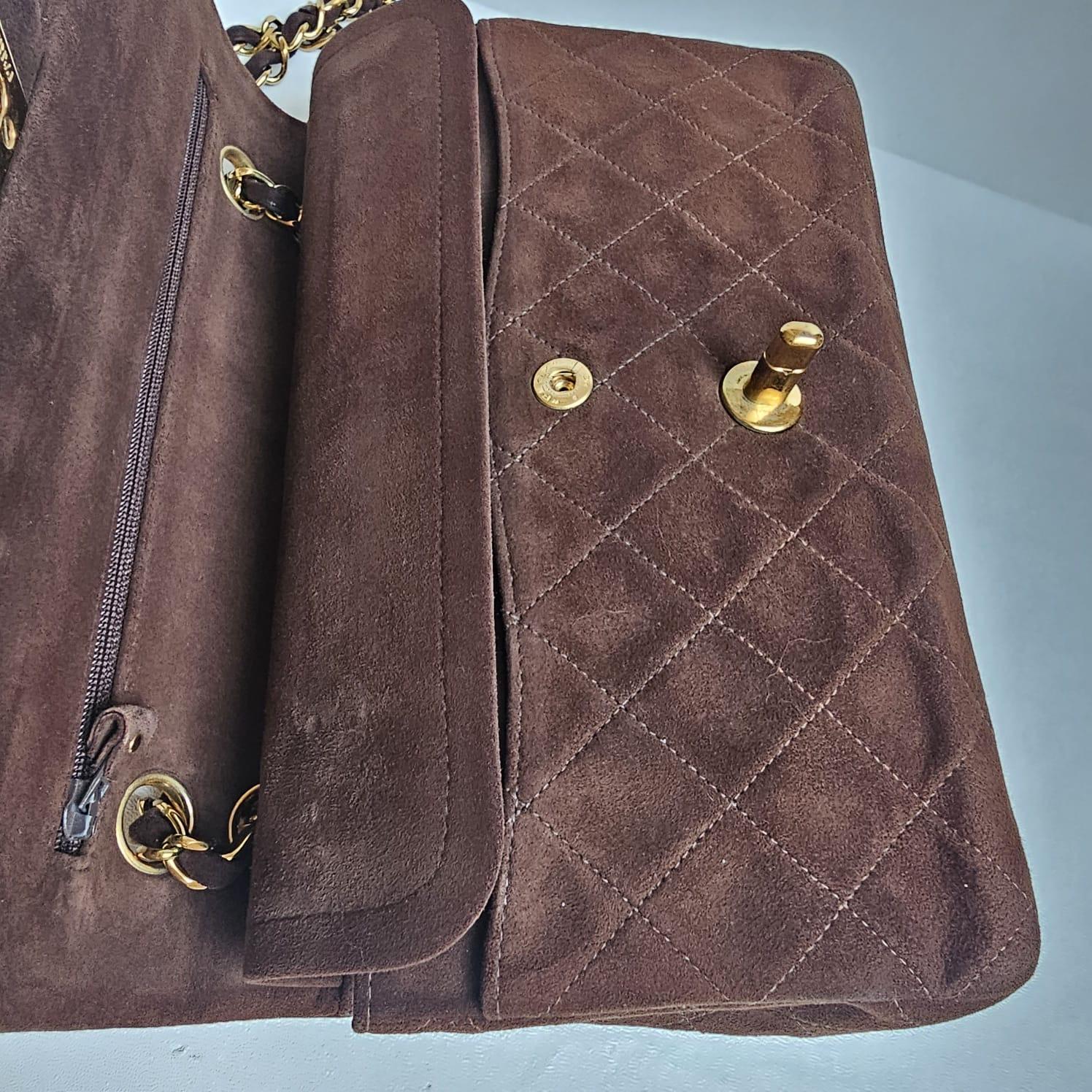 Vintage Chanel Dark Brown Suede Quilted Small Double Flap Bag For Sale 7