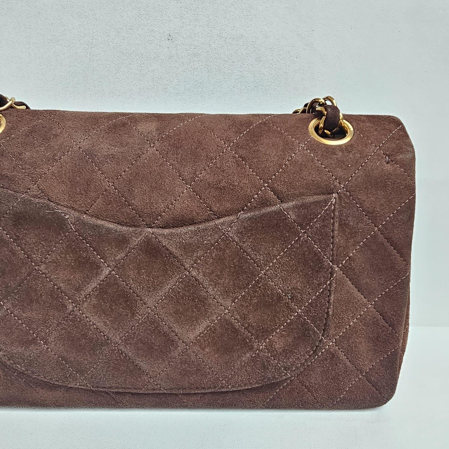 Vintage Chanel Dark Brown Suede Quilted Small Double Flap Bag For Sale 8