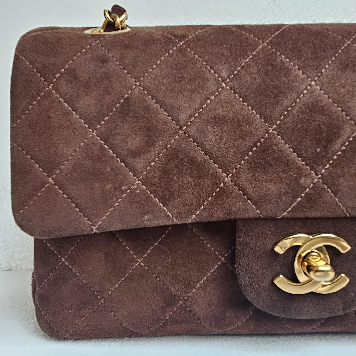 Vintage Chanel Dark Brown Suede Quilted Small Double Flap Bag en vente 9