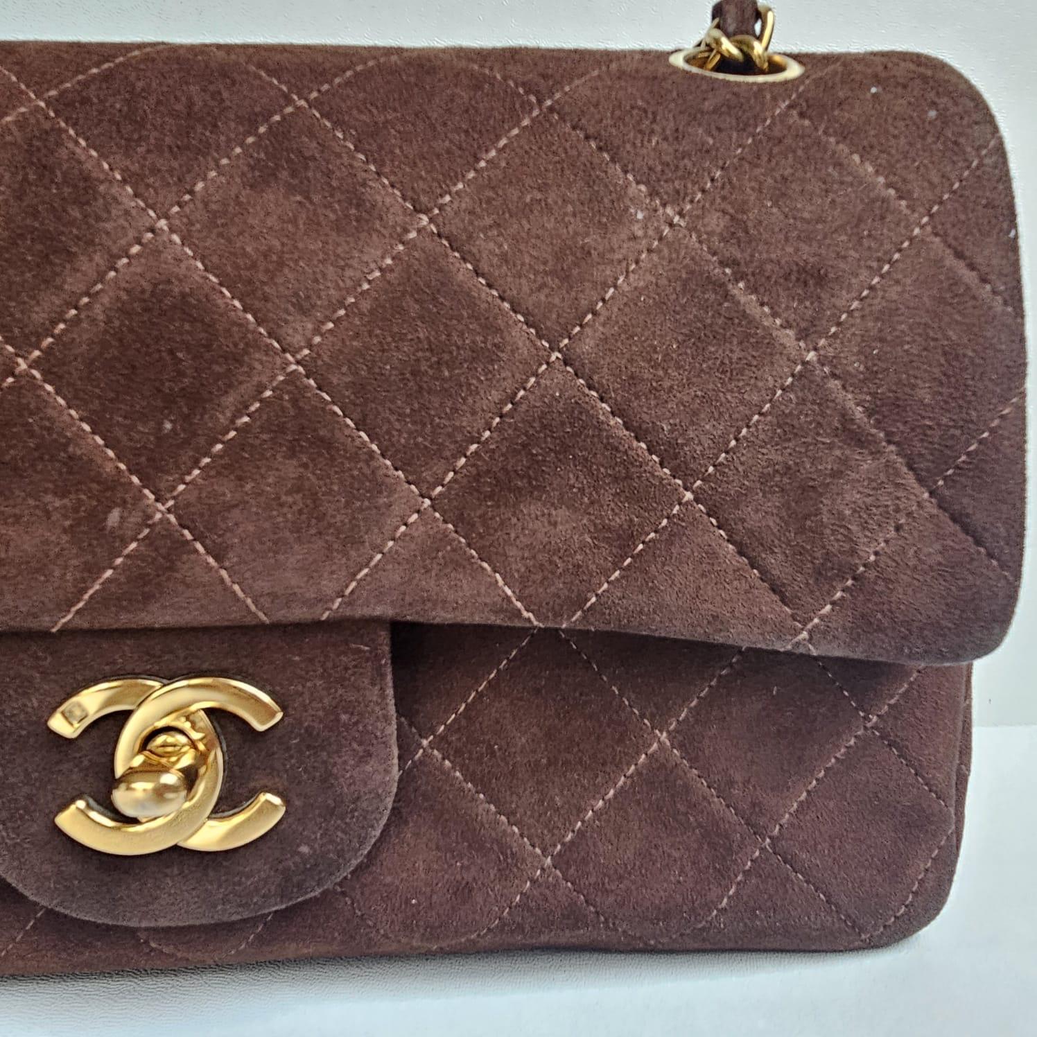 Vintage Chanel Dark Brown Suede Quilted Small Double Flap Bag en vente 10