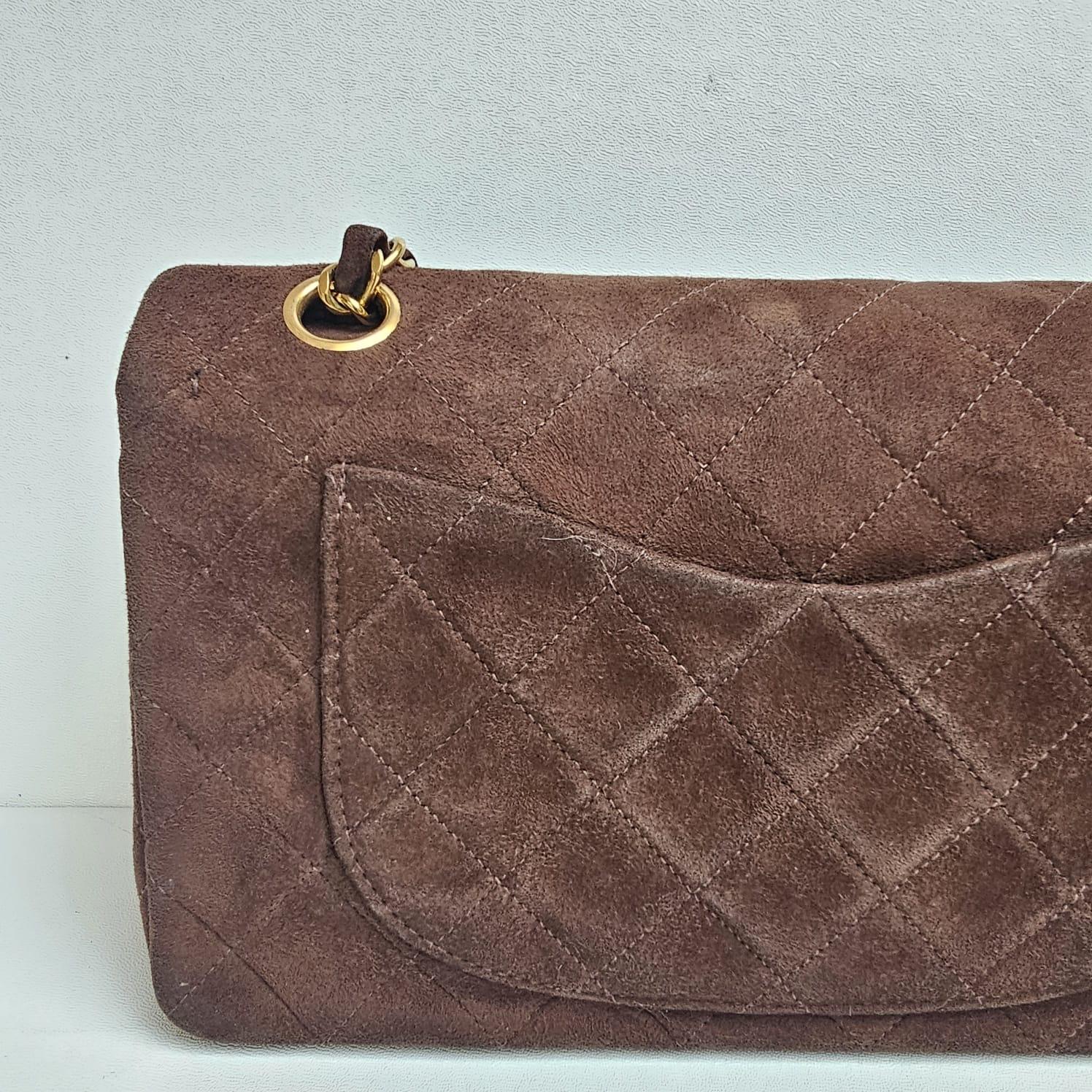 Vintage Chanel Dark Brown Suede Quilted Small Double Flap Bag en vente 11