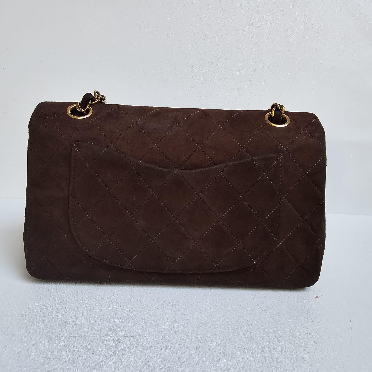 Vintage Chanel Dark Brown Suede Quilted Small Double Flap Bag en vente 12