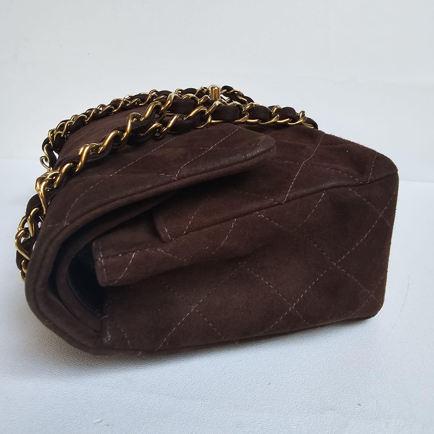 Vintage Chanel Dark Brown Suede Quilted Small Double Flap Bag en vente 13