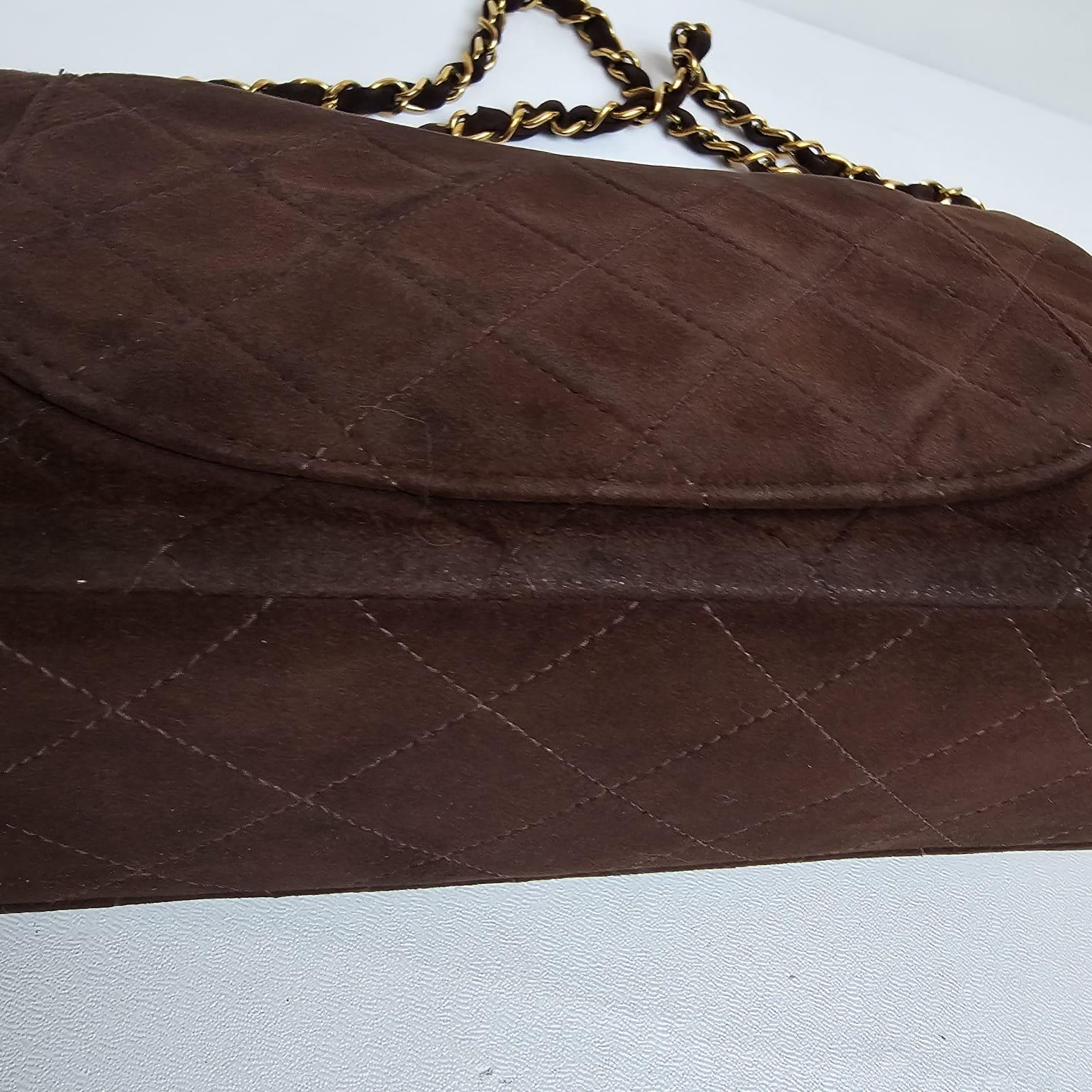 Vintage Chanel Dark Brown Suede Quilted Small Double Flap Bag en vente 15
