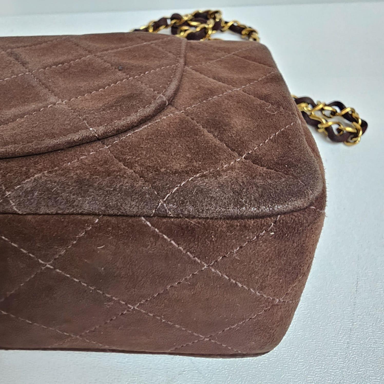 Women's or Men's Vintage Chanel Dark Brown Suede Quilted Small Double Flap Bag For Sale