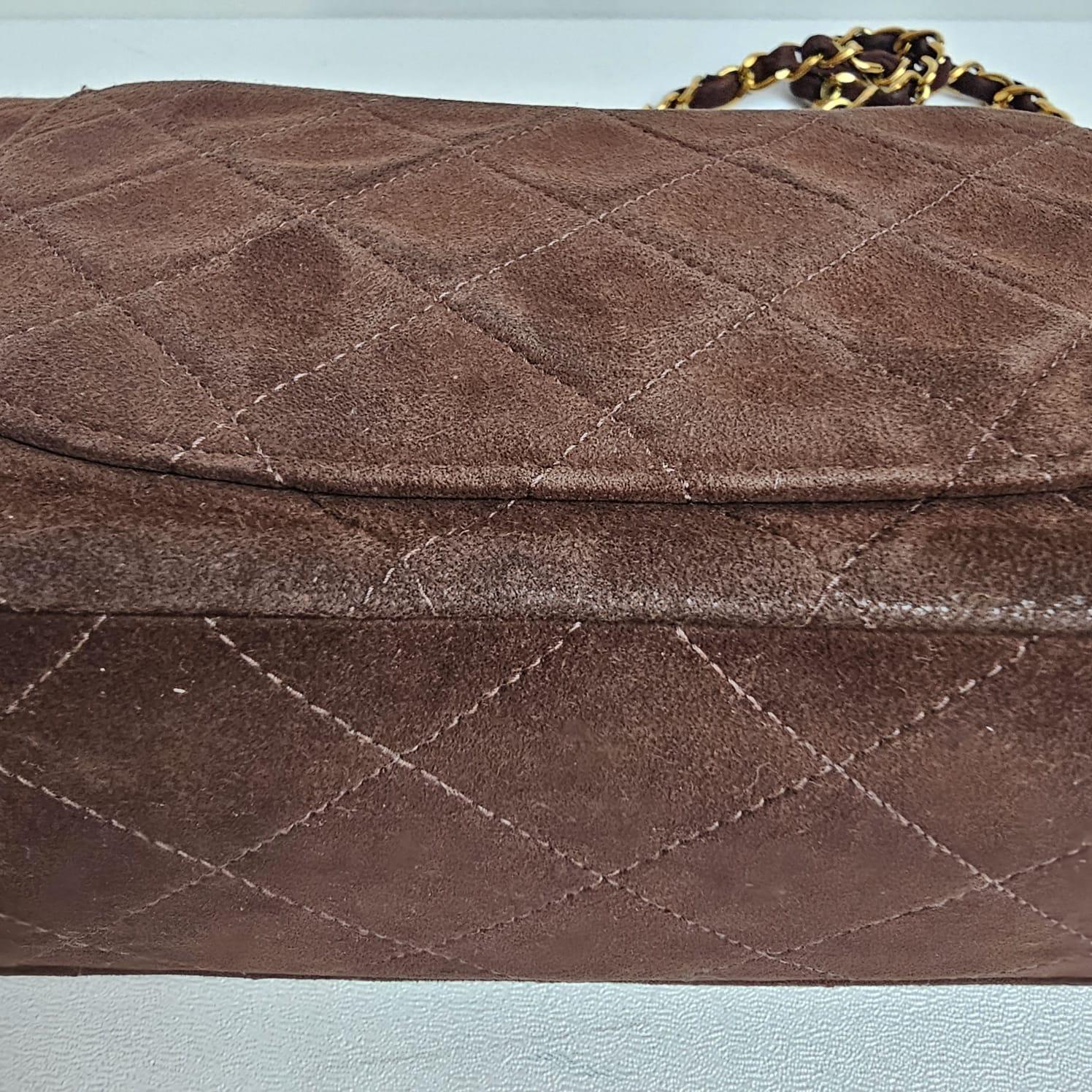 Vintage Chanel Dark Brown Suede Quilted Small Double Flap Bag For Sale 1