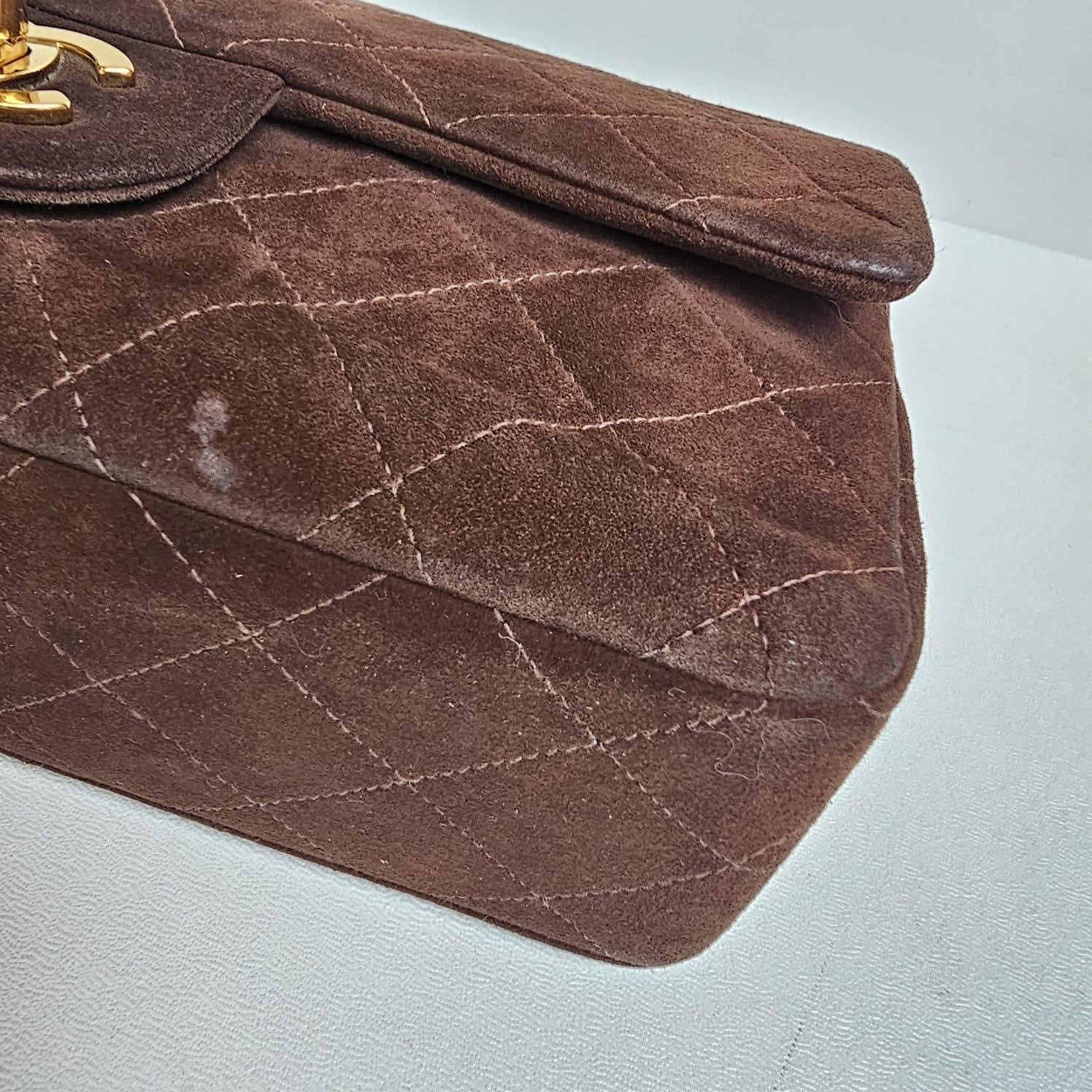 Vintage Chanel Dark Brown Suede Quilted Small Double Flap Bag en vente 3
