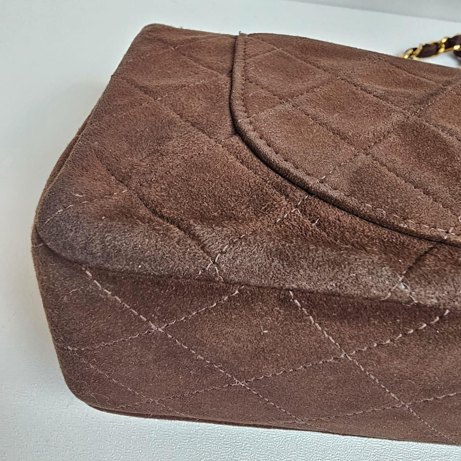 Vintage Chanel Dark Brown Suede Quilted Small Double Flap Bag For Sale 4