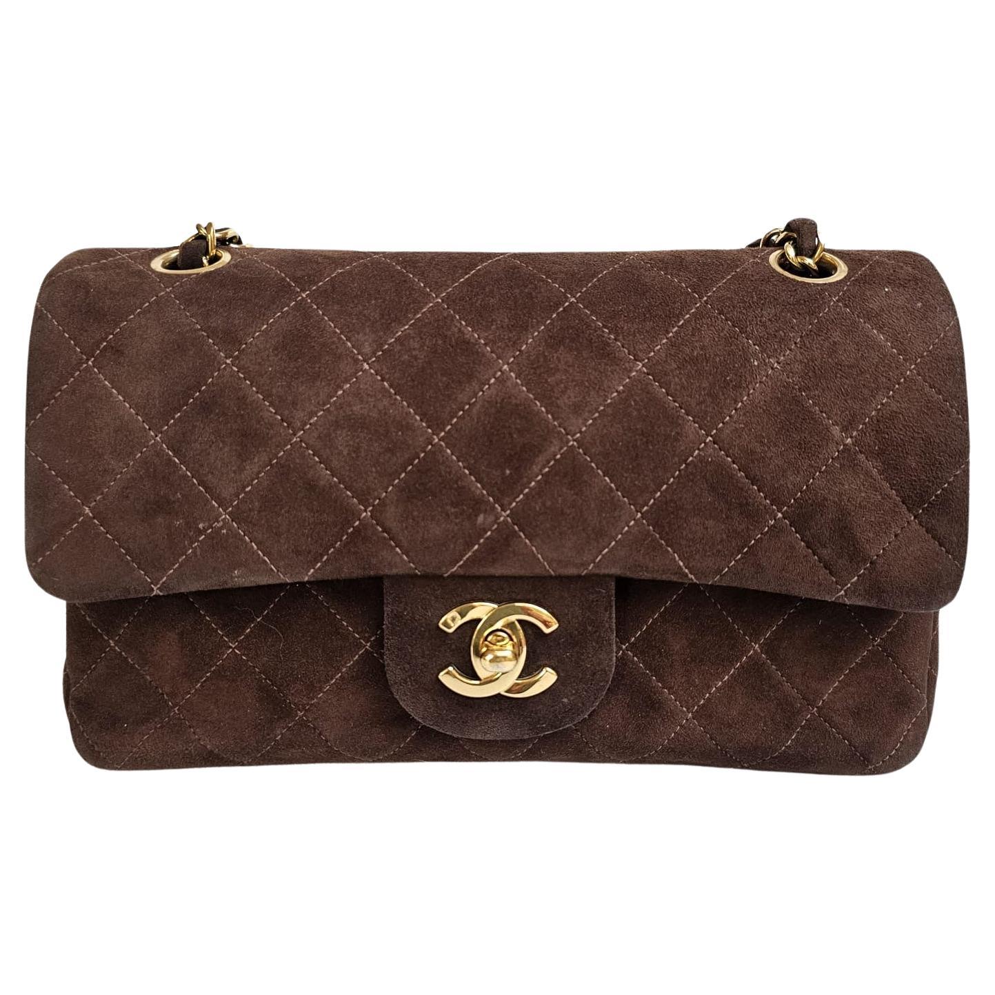 Vintage Chanel Dark Brown Suede Quilted Small Double Flap Bag For Sale
