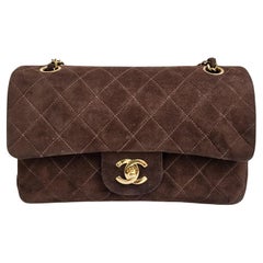 Retro Chanel Dark Brown Suede Quilted Small Double Flap Bag