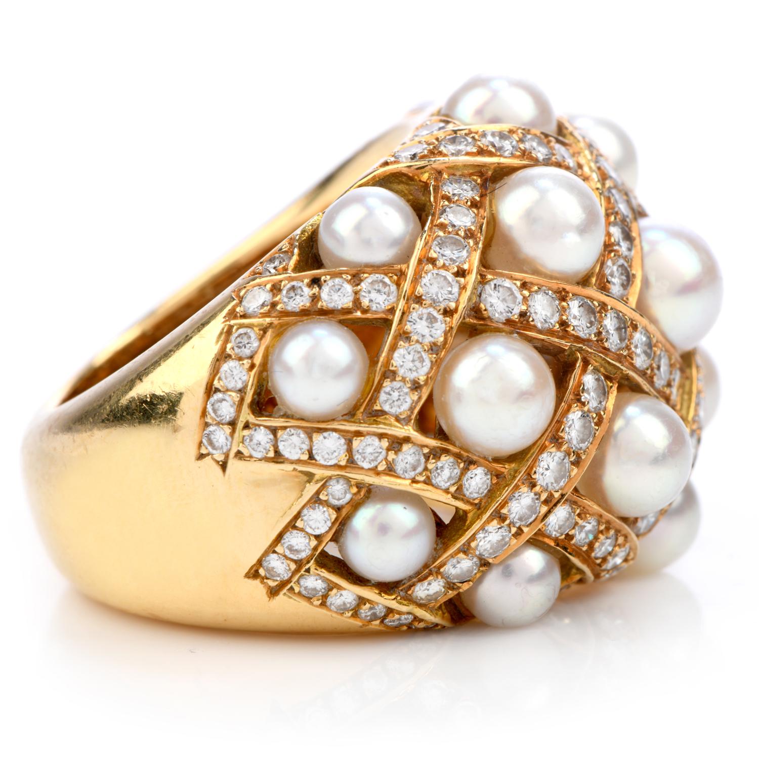 An intricate mix of diamond & pearls on this piece from the world-known Designer House Chanel! 

with a dome woven style, this piece is crafted in solid 18K yellow gold. 

from the Collection Matelassé, this piece has 17 cultured Akoya pearls,