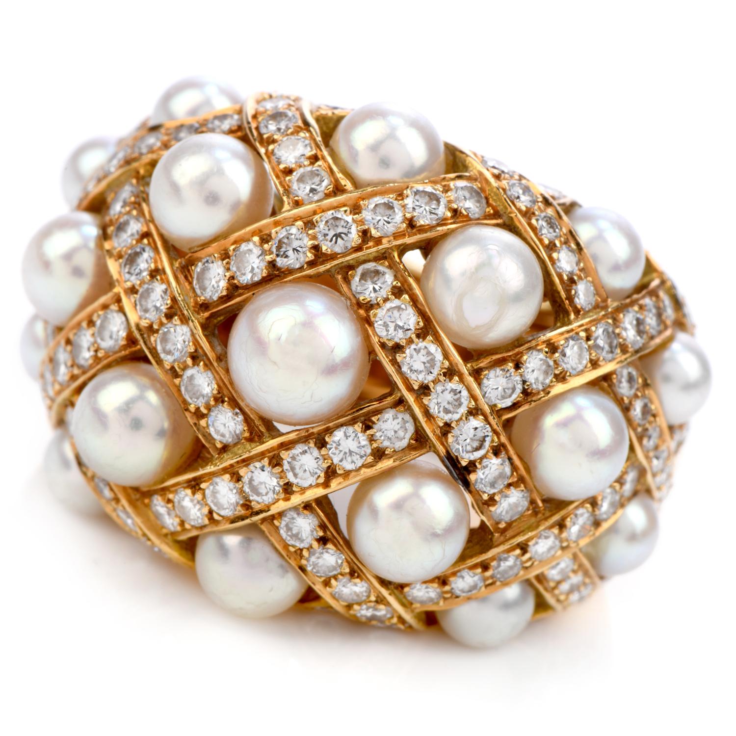 Vintage Chanel Diamond Pearl 18k Gold Perles Matelassé Cluster Cocktail Ring In Excellent Condition In Miami, FL