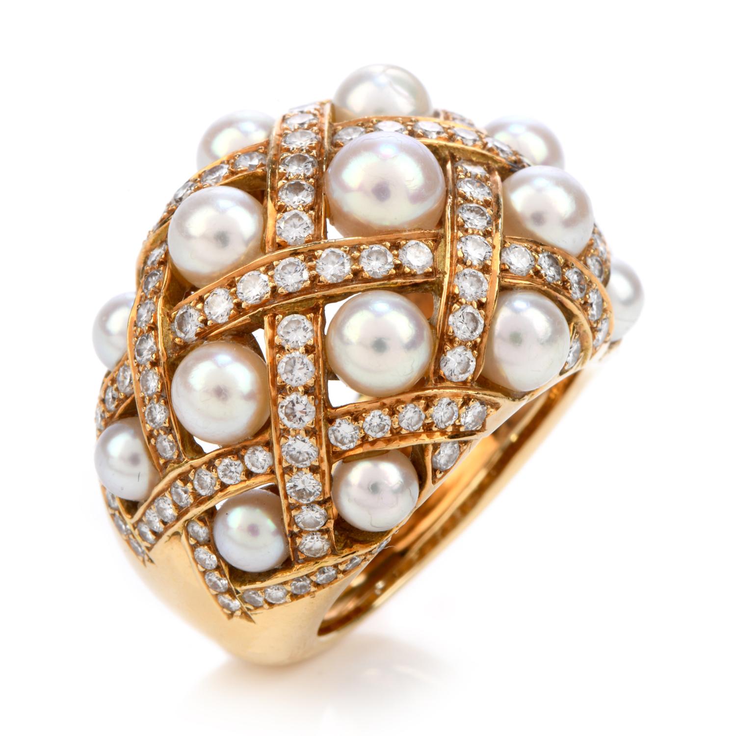 Women's or Men's Vintage Chanel Diamond Pearl 18k Gold Perles Matelassé Cluster Cocktail Ring