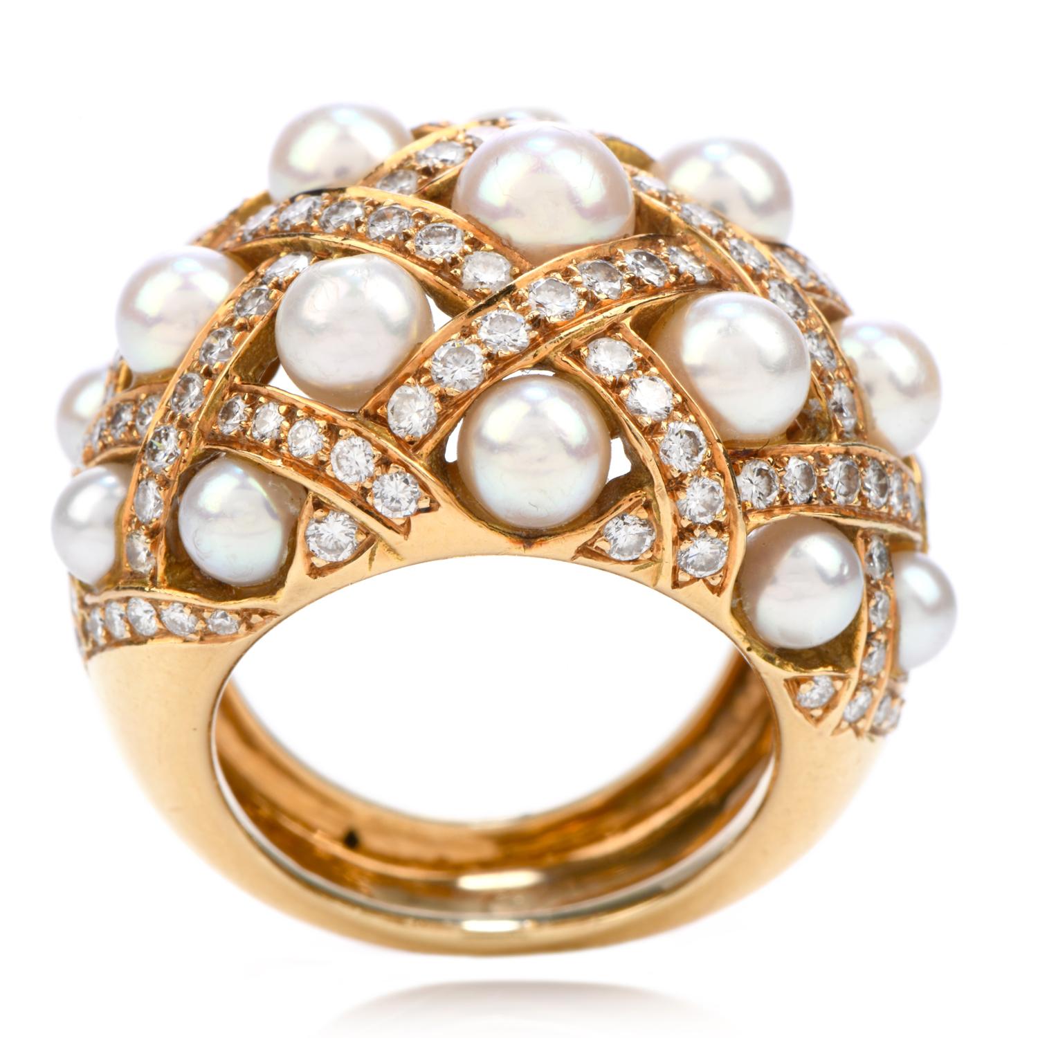 Vintage Chanel Diamond Pearl 18k Gold Perles Matelassé Cluster Cocktail Ring 1