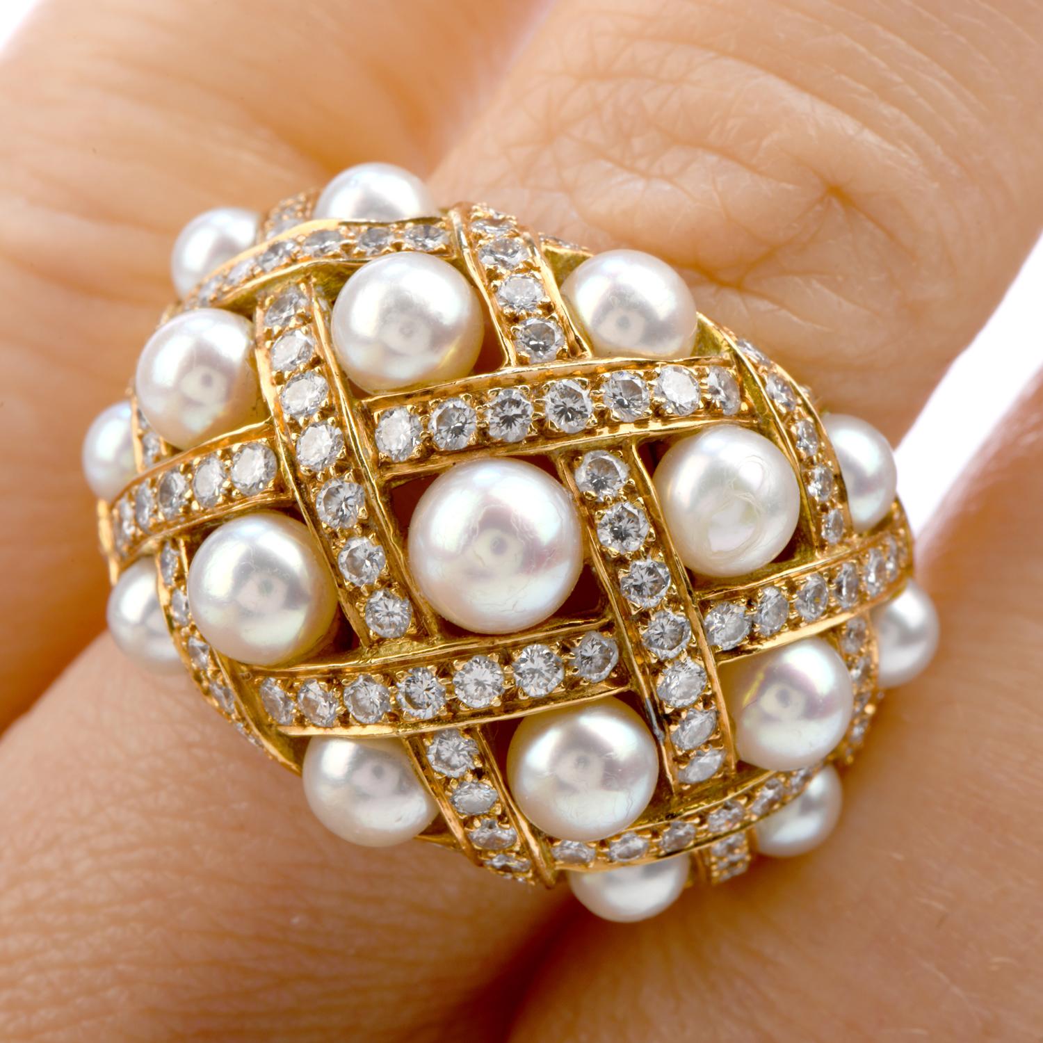 Vintage Chanel Diamond Pearl 18k Gold Perles Matelassé Cluster Cocktail Ring 2