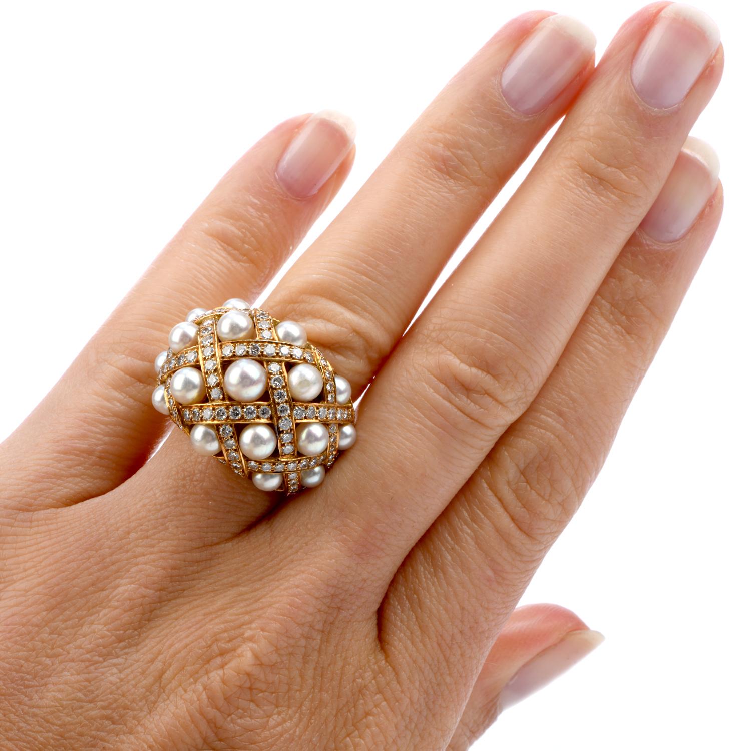 Vintage Chanel Diamond Pearl 18k Gold Perles Matelassé Cluster Cocktail Ring 3