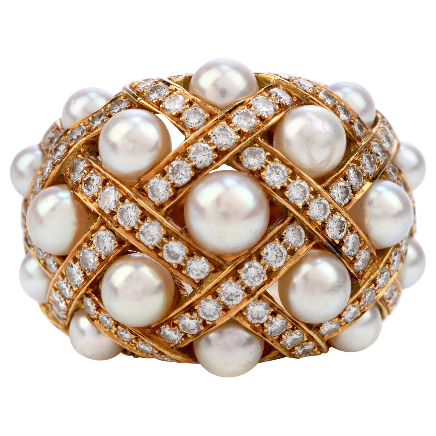 Vintage Chanel Diamond Pearl 18k Gold Perles Matelassé Cluster Cocktail Ring