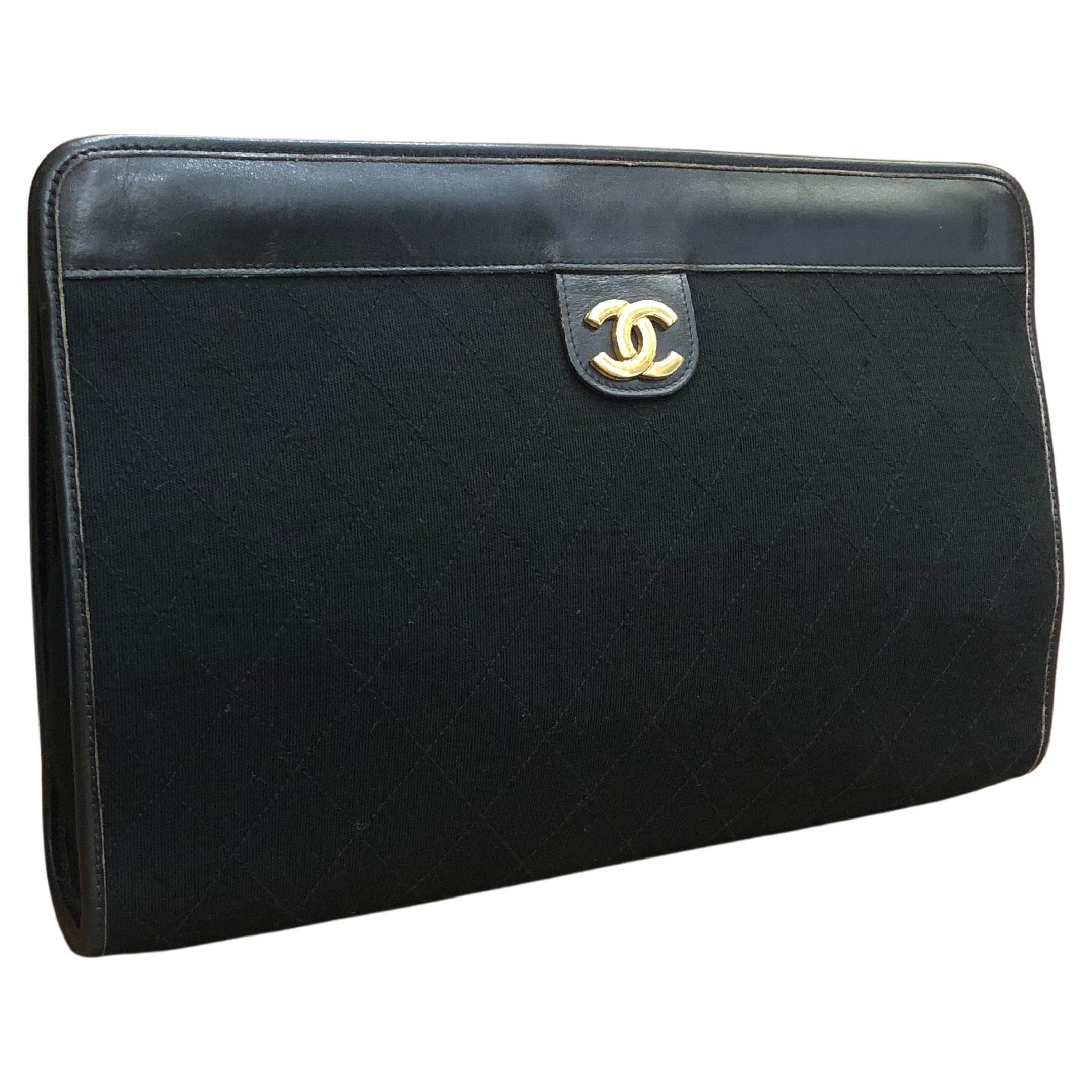 Vintage CHANEL Diamond Quilted Jersey Clutch Bag Black Large For Sale