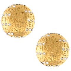 Vintage Chanel Earrings 1970s Crystal Round Clip On Yellow Gold Tone