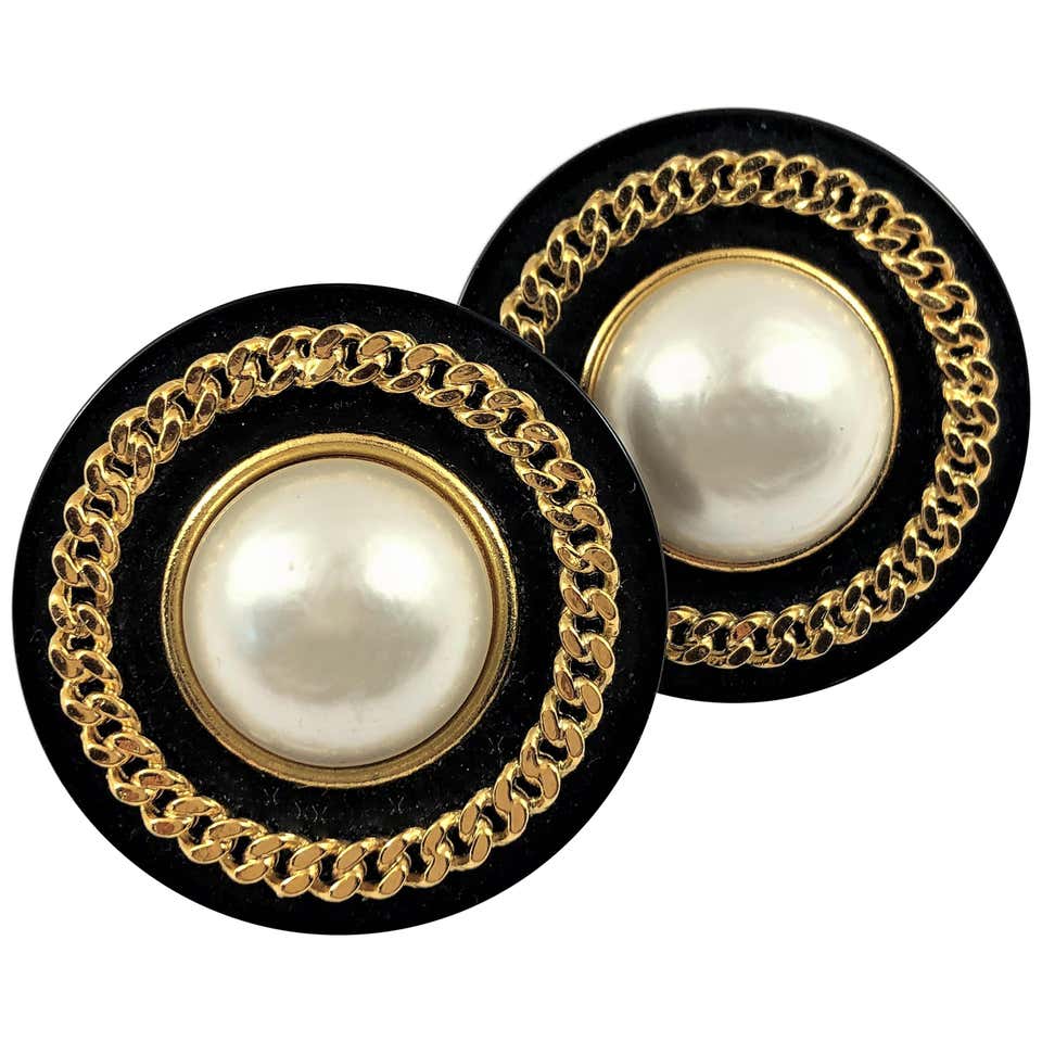 Vintage Chanel Earrings Black Resin Faux Pearl Surrounded By Gold Tone