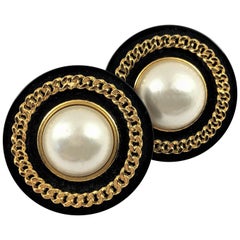 Vintage Chanel Earrings Black Resin Faux Pearl Surrounded By Gold Tone Chain