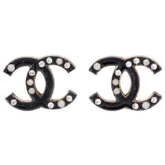 Vintage Chanel Earrings c2007 Small Black Crystal CC Logo Clip On White Metal