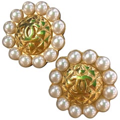 Vintage Chanel  Earrings CC logo Quilted Round Pearls