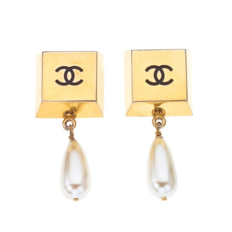 Chanel Vintage Classic Camellia Pearl Drop Clip-On Earrings