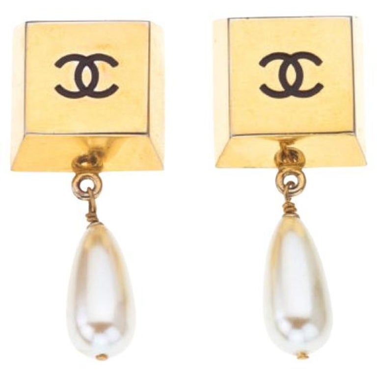 CHANEL Classic CC Logo Crystal Pearl Drop Earrings