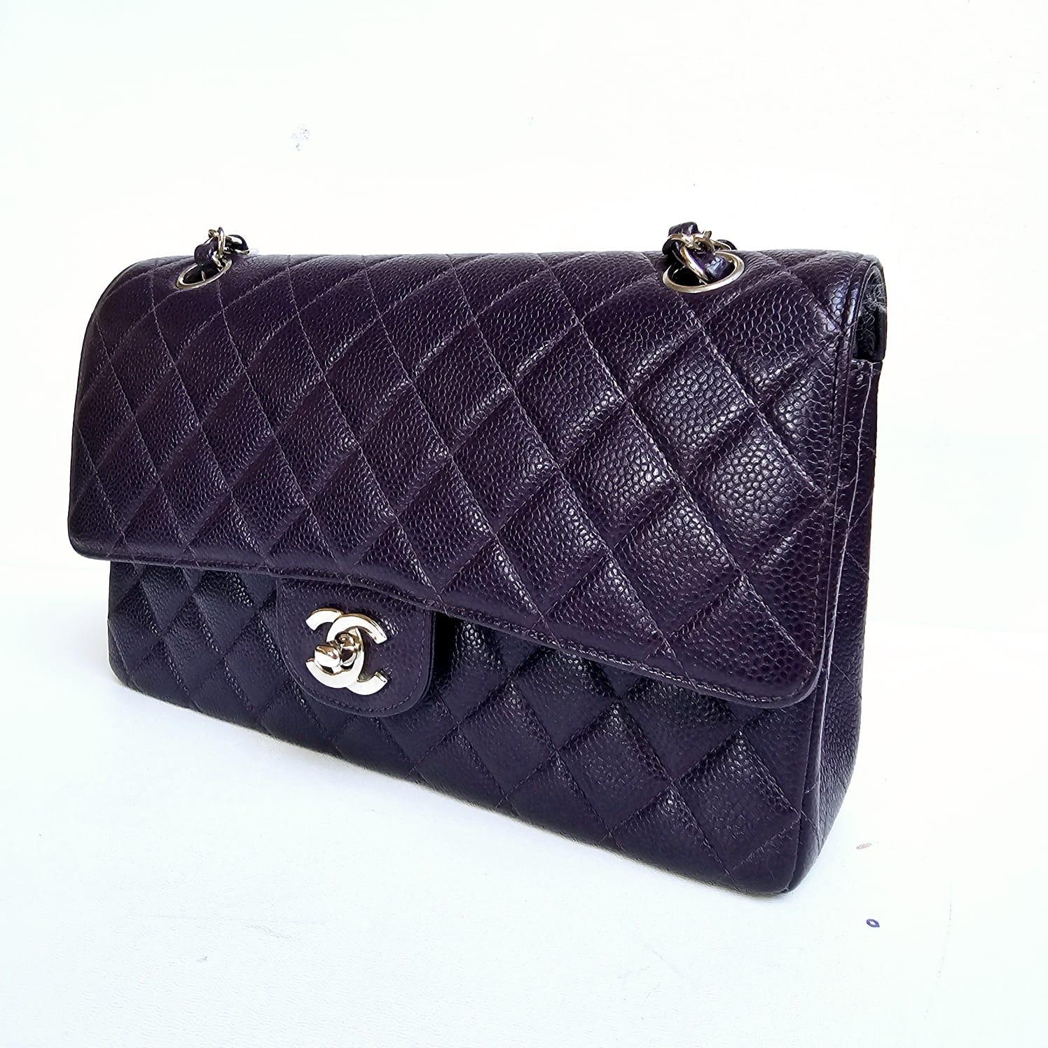 Vintage Chanel Eggplant Plum Dark Purple Caviar Quilted Medium Double Flap Bag For Sale 6