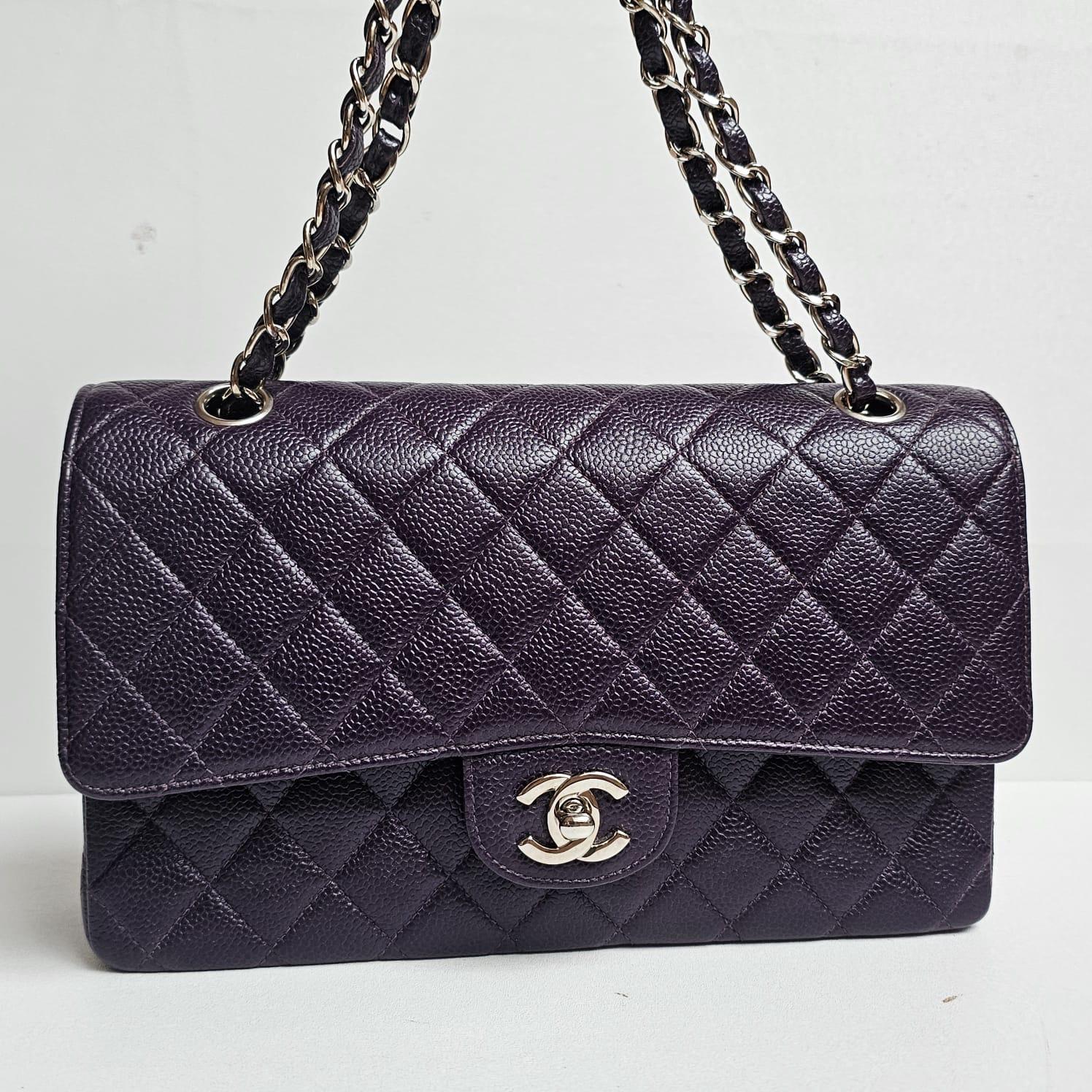 Vintage Chanel Eggplant Plum Dark Purple Caviar Quilted Medium Double Flap Bag 8