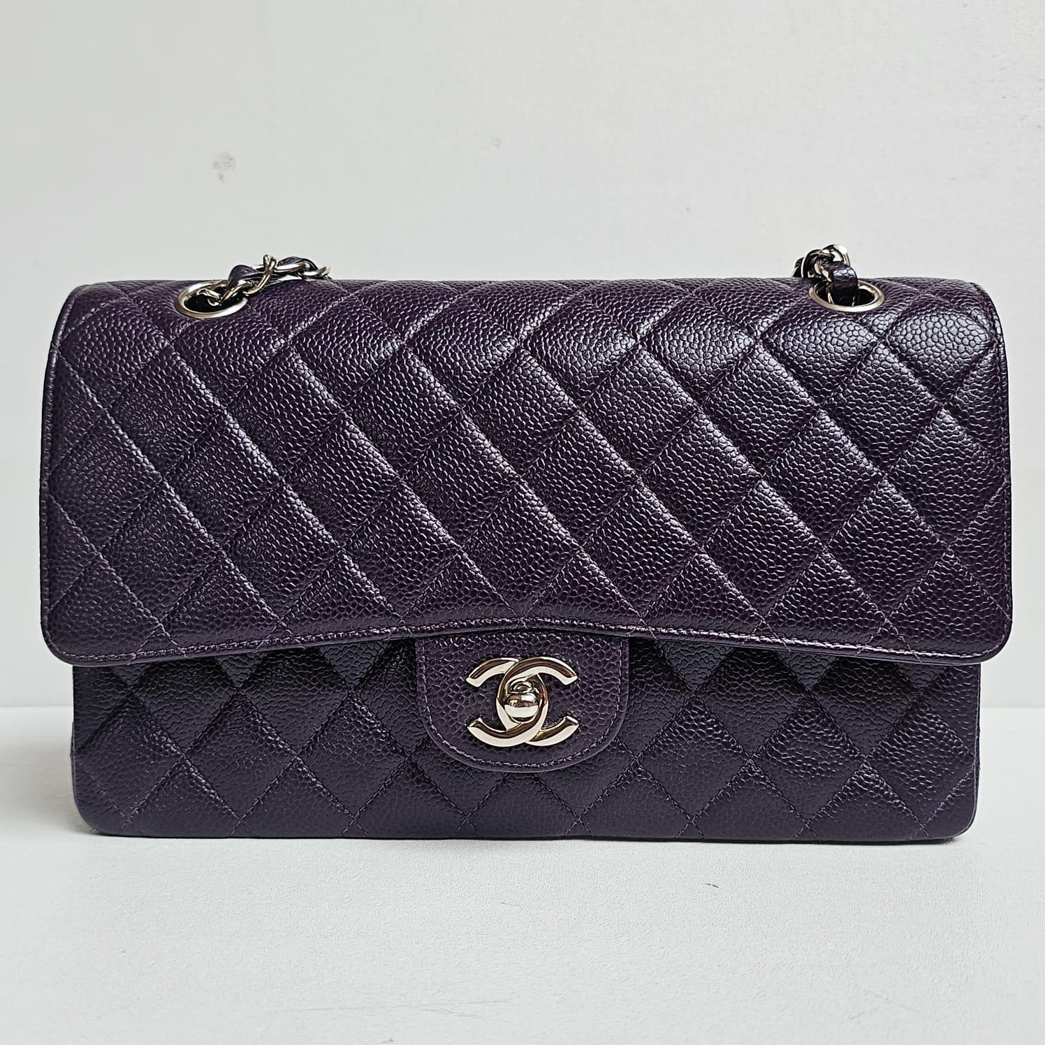 Vintage Chanel Eggplant Plum Dark Purple Caviar Quilted Medium Double Flap Bag For Sale 4