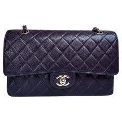 Vintage Chanel Aubergine Pflaume Dunkel Lila Kaviar Gesteppt Medium Double Flap Tasche