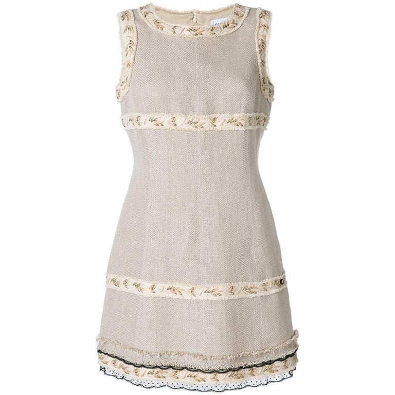 Vintage Chanel Embellished Lace Trim Linen Dress For Sale at 1stDibs