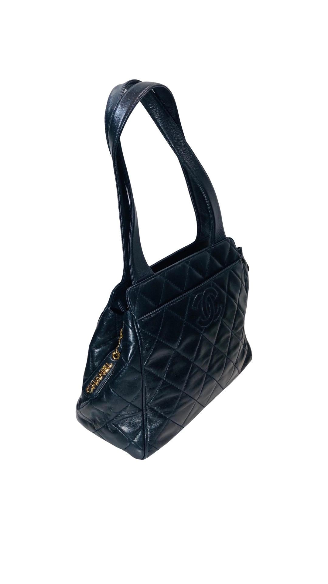 Black Vintage Chanel Embossed CC Logo  Navy Quilted Lambskin Shoulder bag   For Sale