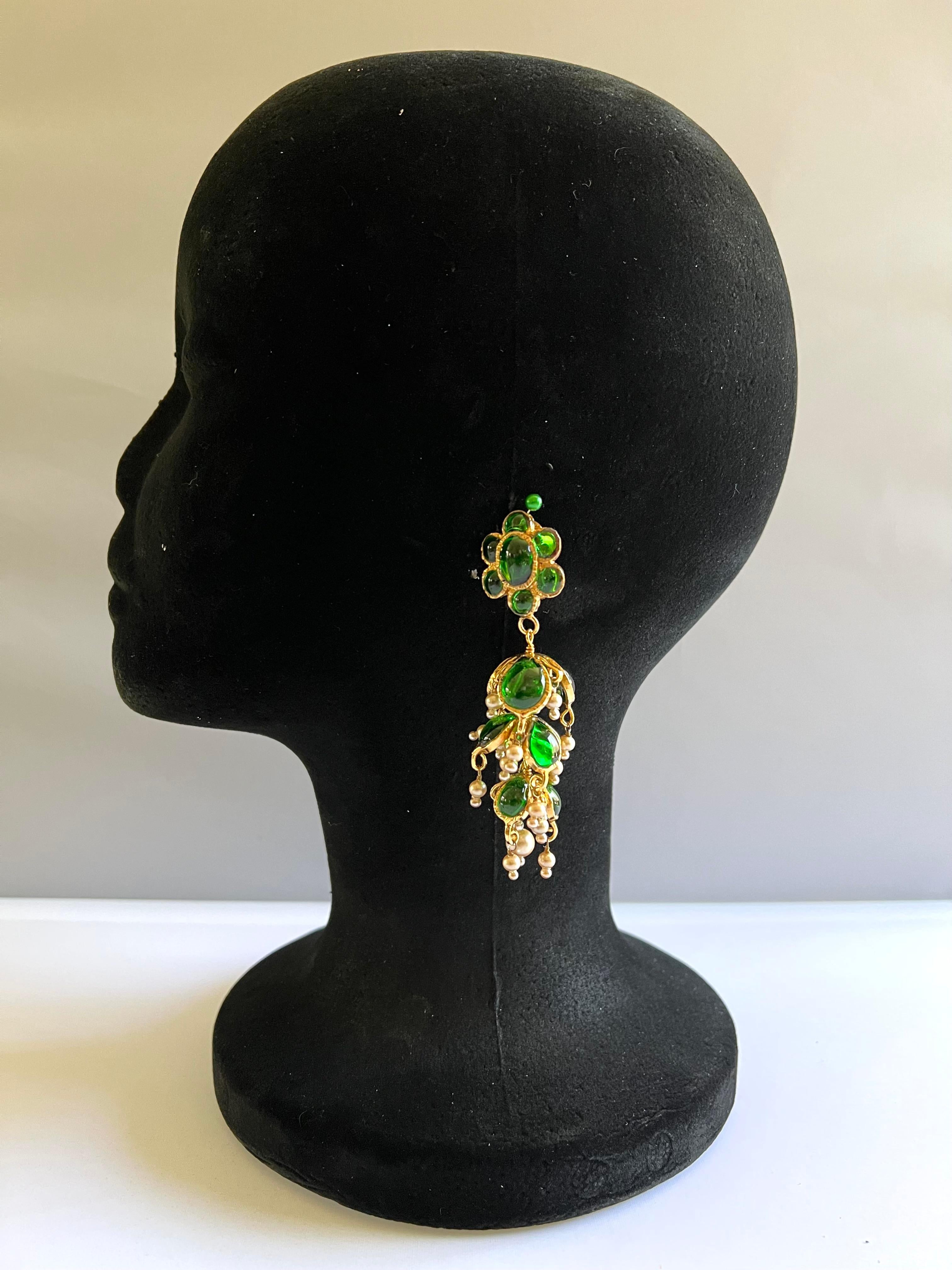 Exquisite scarce vintage Coco Chanel Anglo-Indian style statement clip-on earrings. The long earrings are comprised of gilt metal 