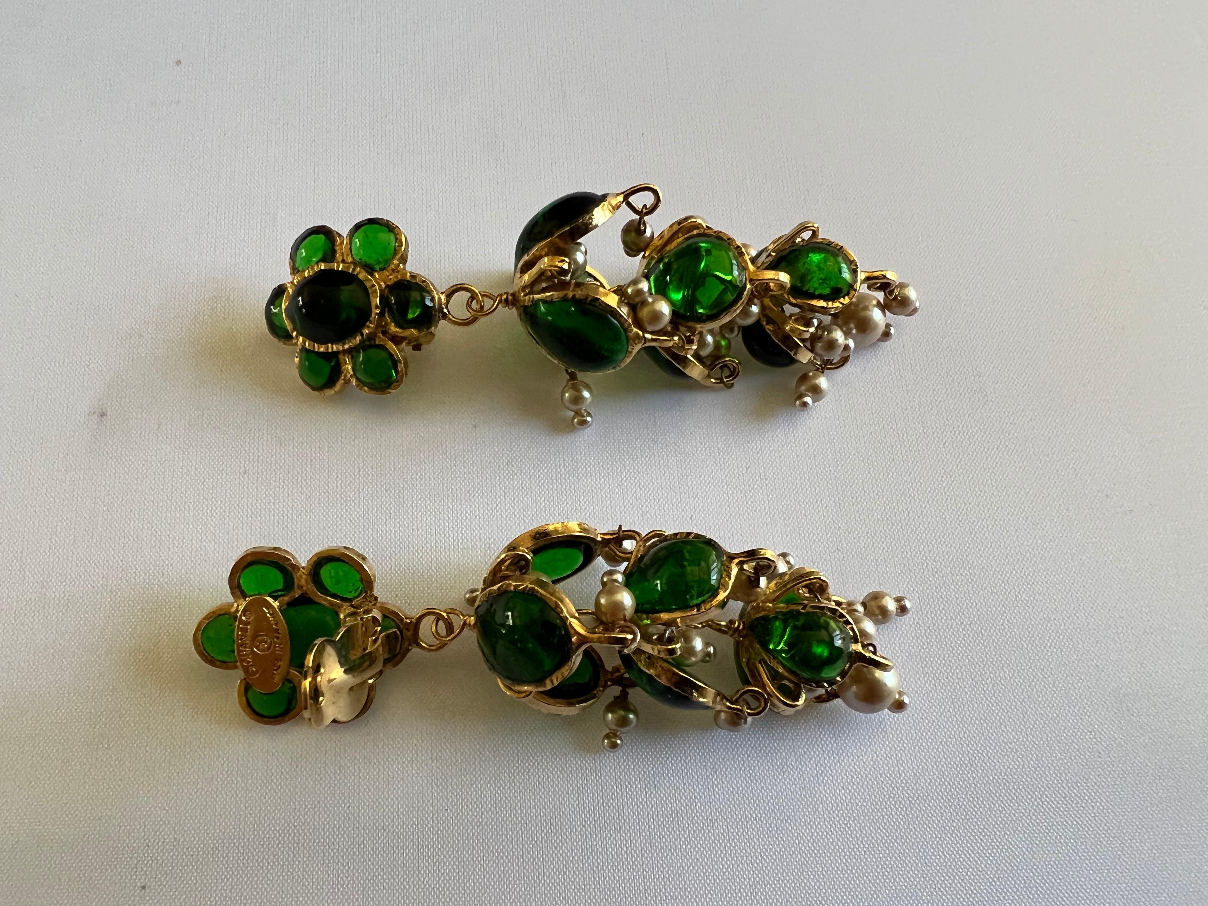 Bead Vintage Chanel Emerald and Pearl Anglo-Indian Statement Earrings