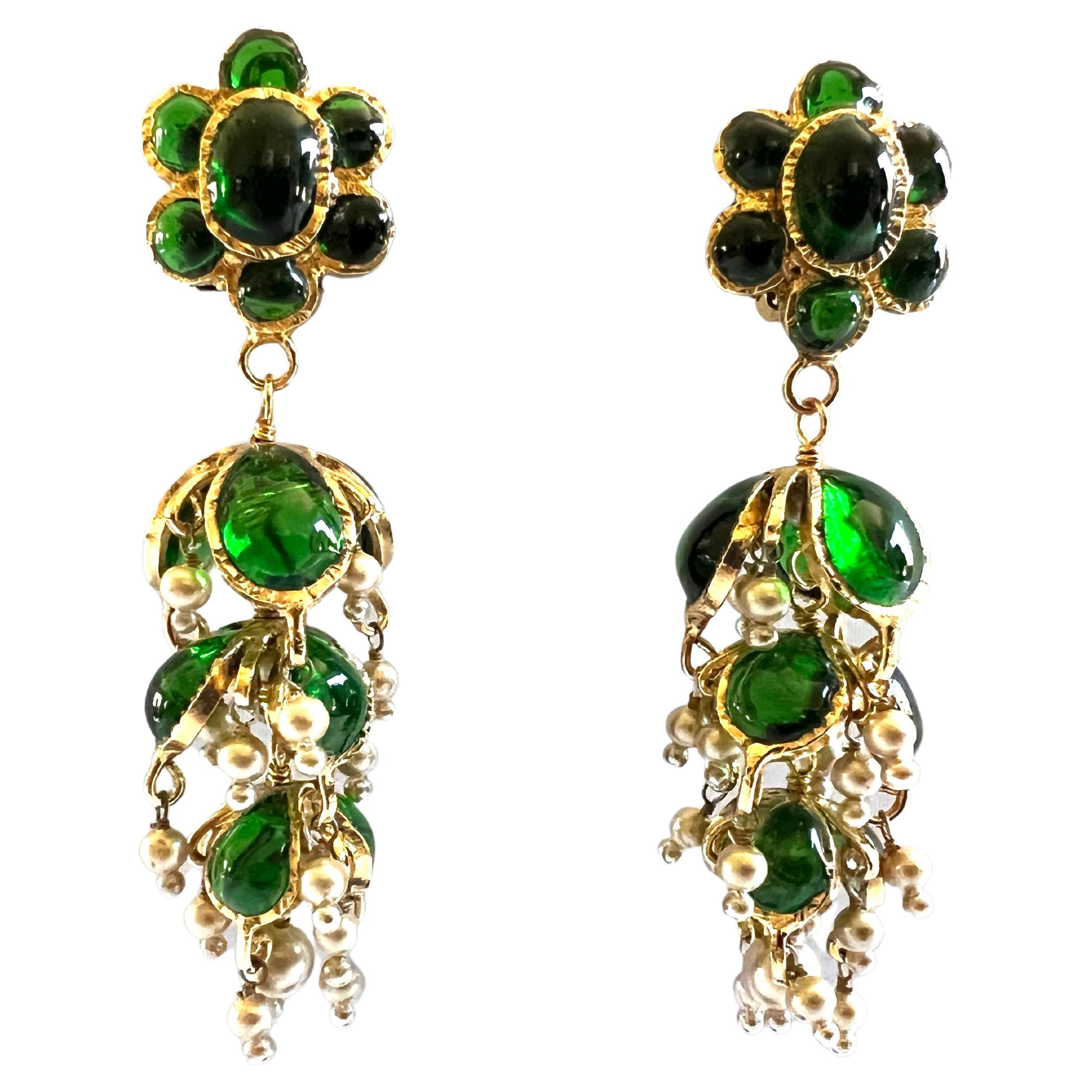 Vintage Chanel Emerald and Pearl Anglo-Indian Statement Earrings