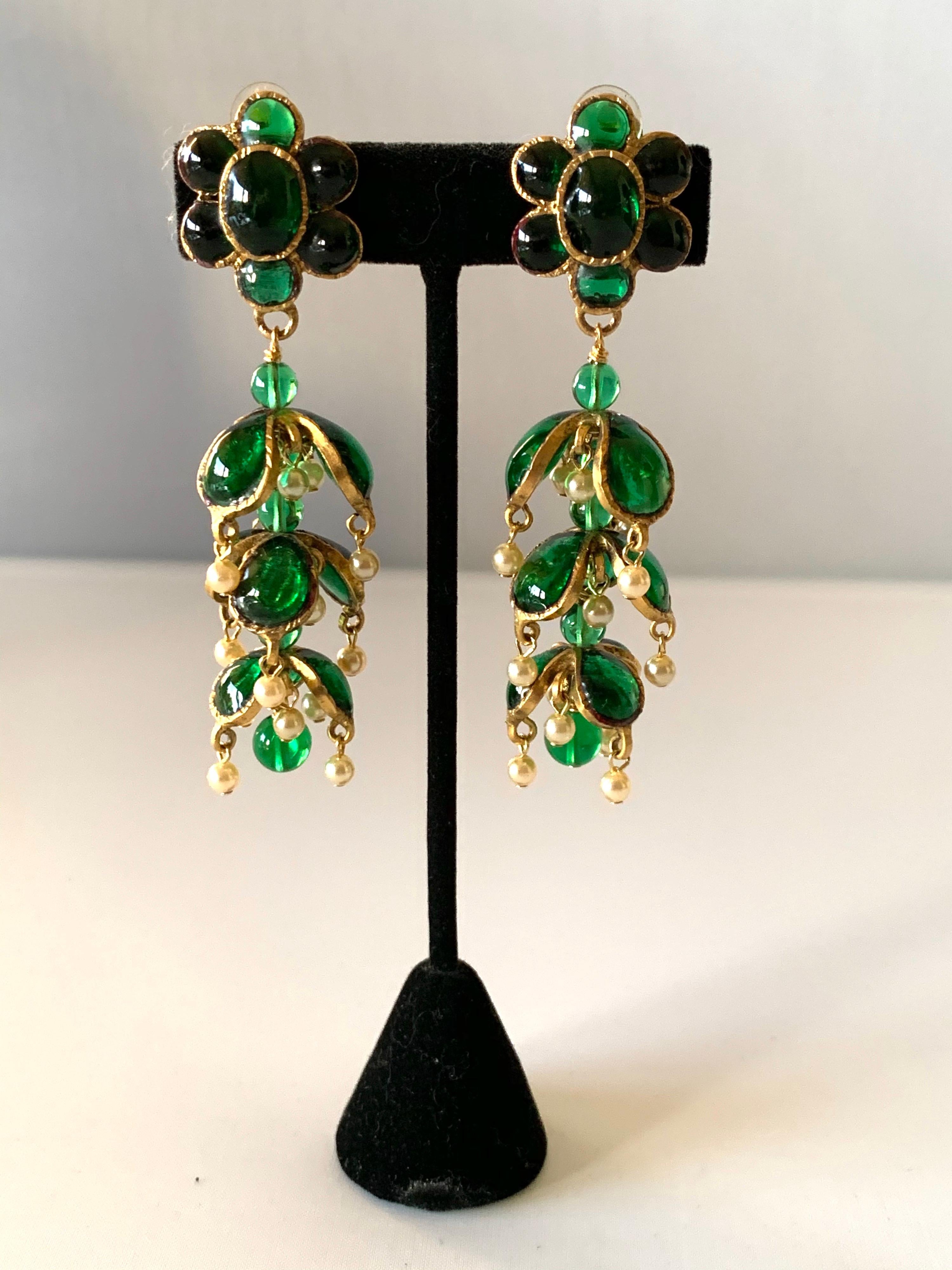 Exquisite vintage Coco Chanel Mughal style statement clip-on earrings. The long earrings are comprised of gilt metal 