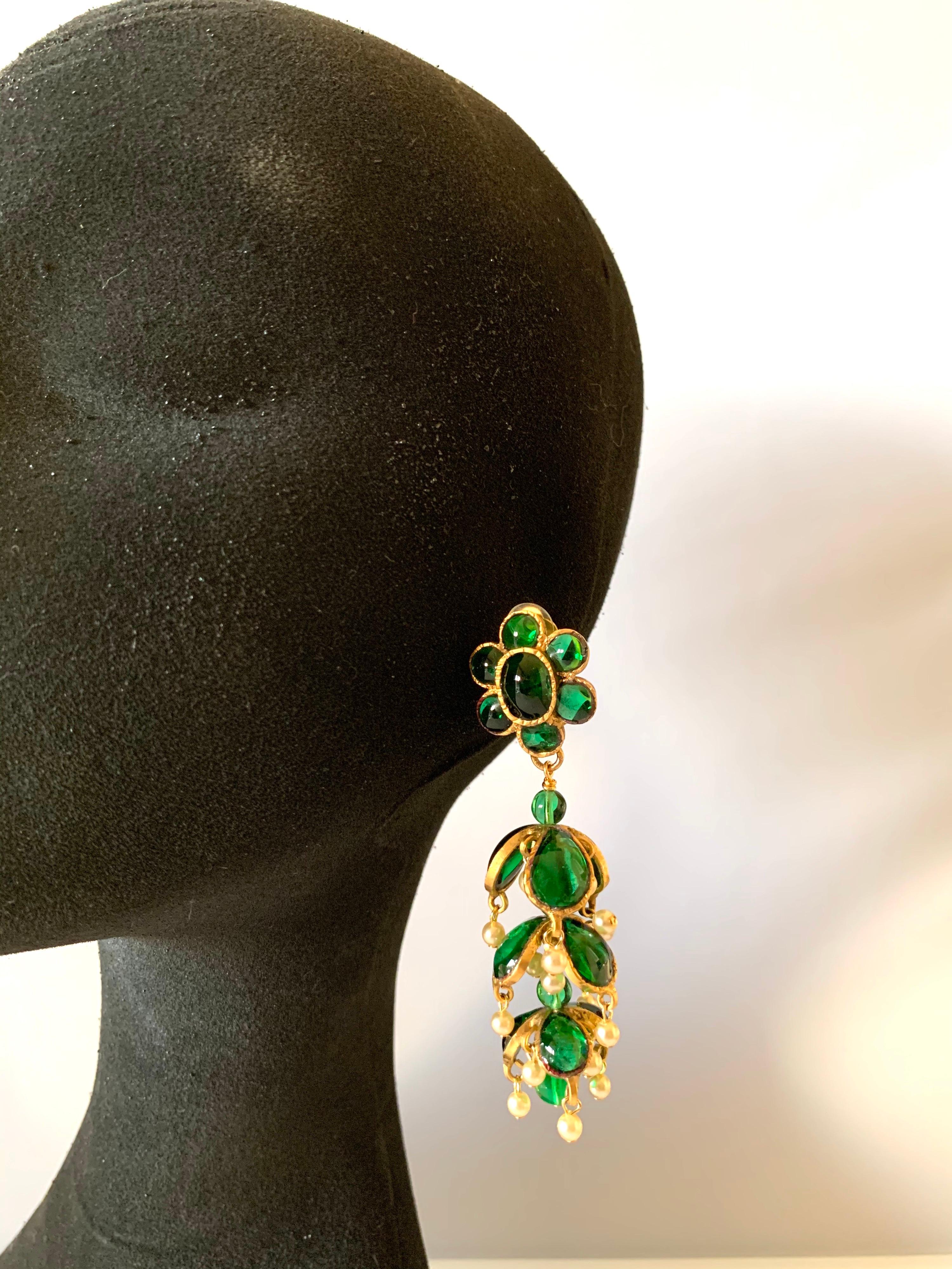 Baroque Vintage Chanel Emerald and Pearl Mughal Statement Earrings 