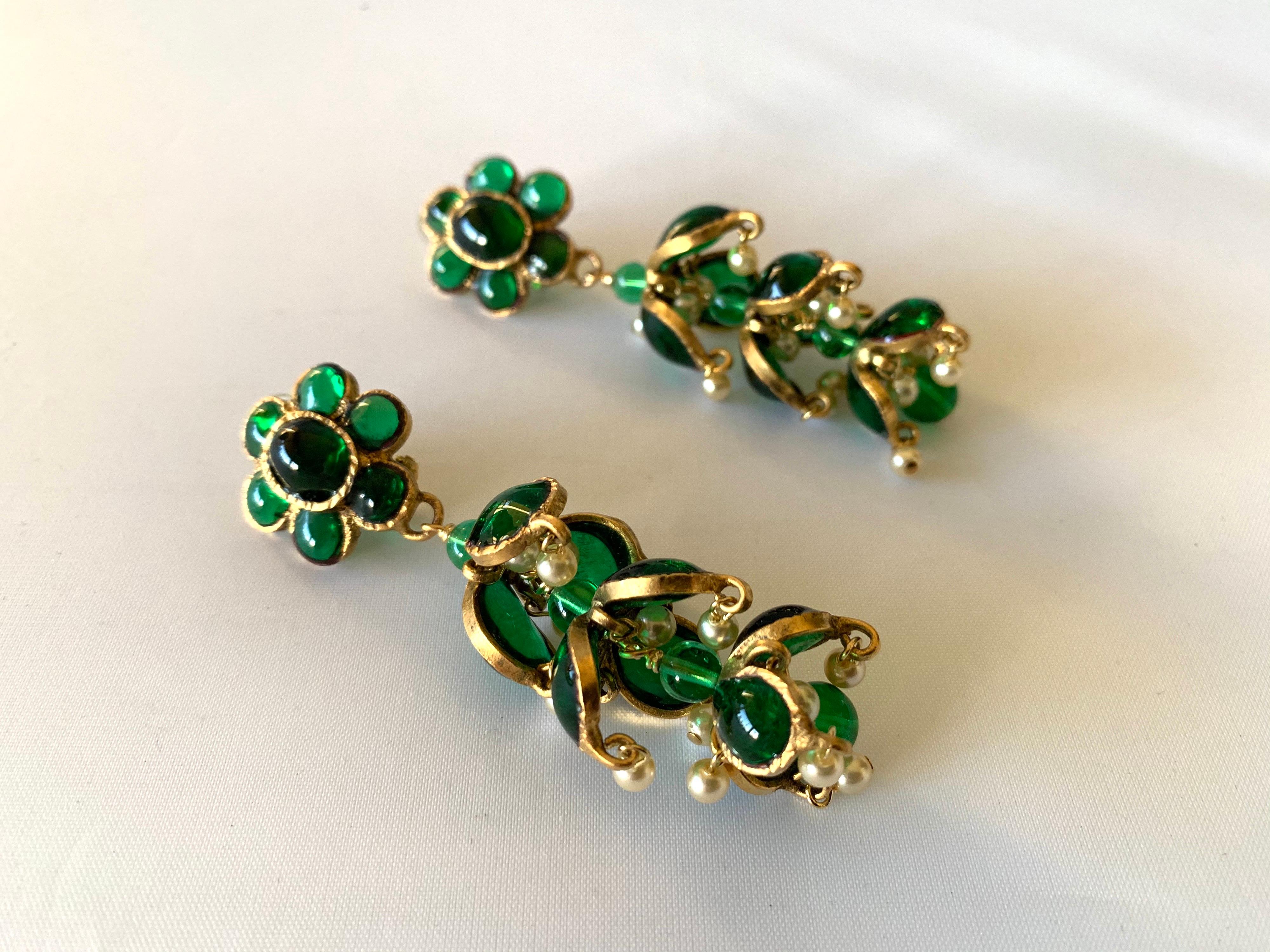 Women's Vintage Chanel Emerald and Pearl Mughal Statement Earrings 