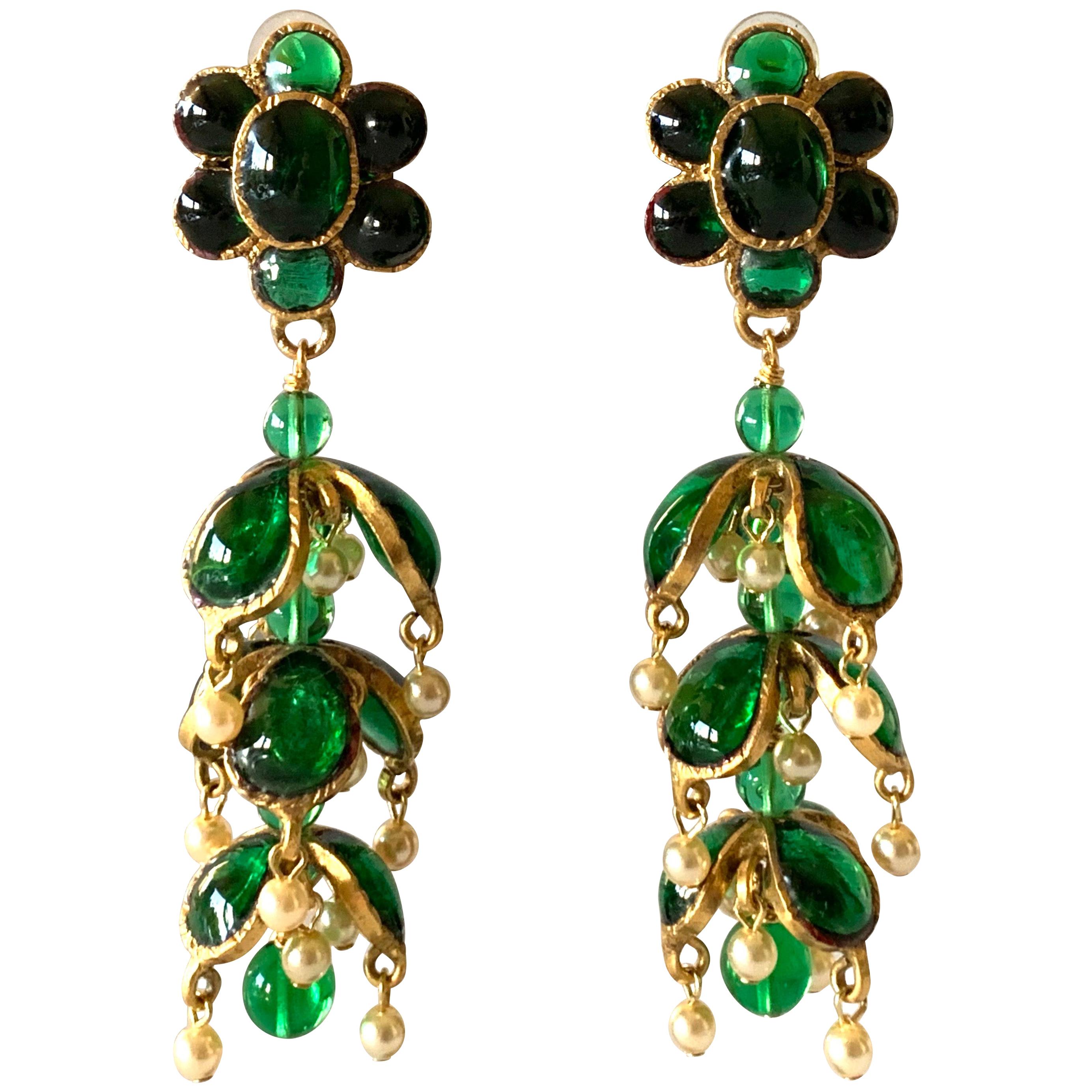 Vintage Chanel Emerald and Pearl Mughal Statement Earrings 