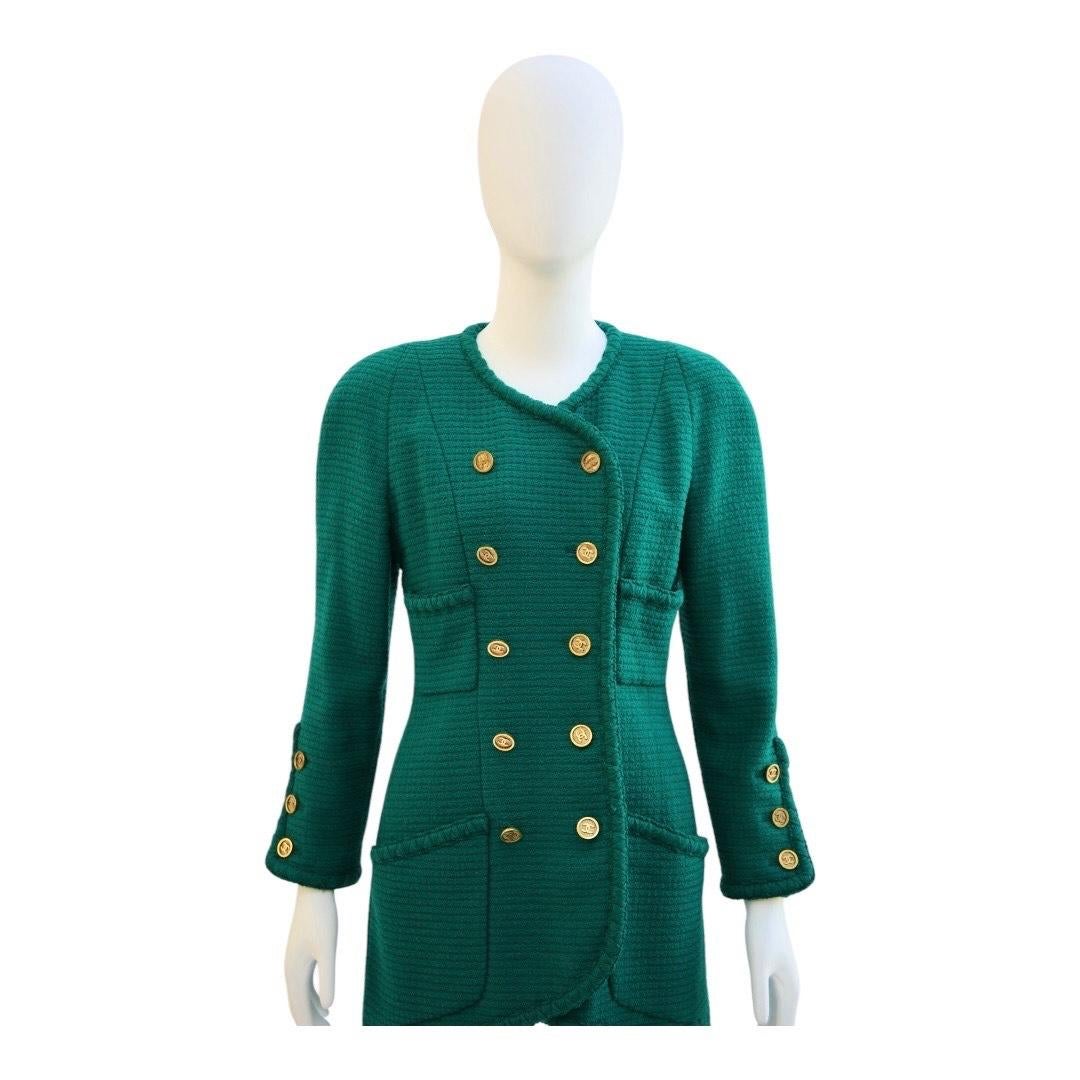 Vert Veste croisée Chanel en tweed vert émeraude, A/H 1990 par Karl en vente
